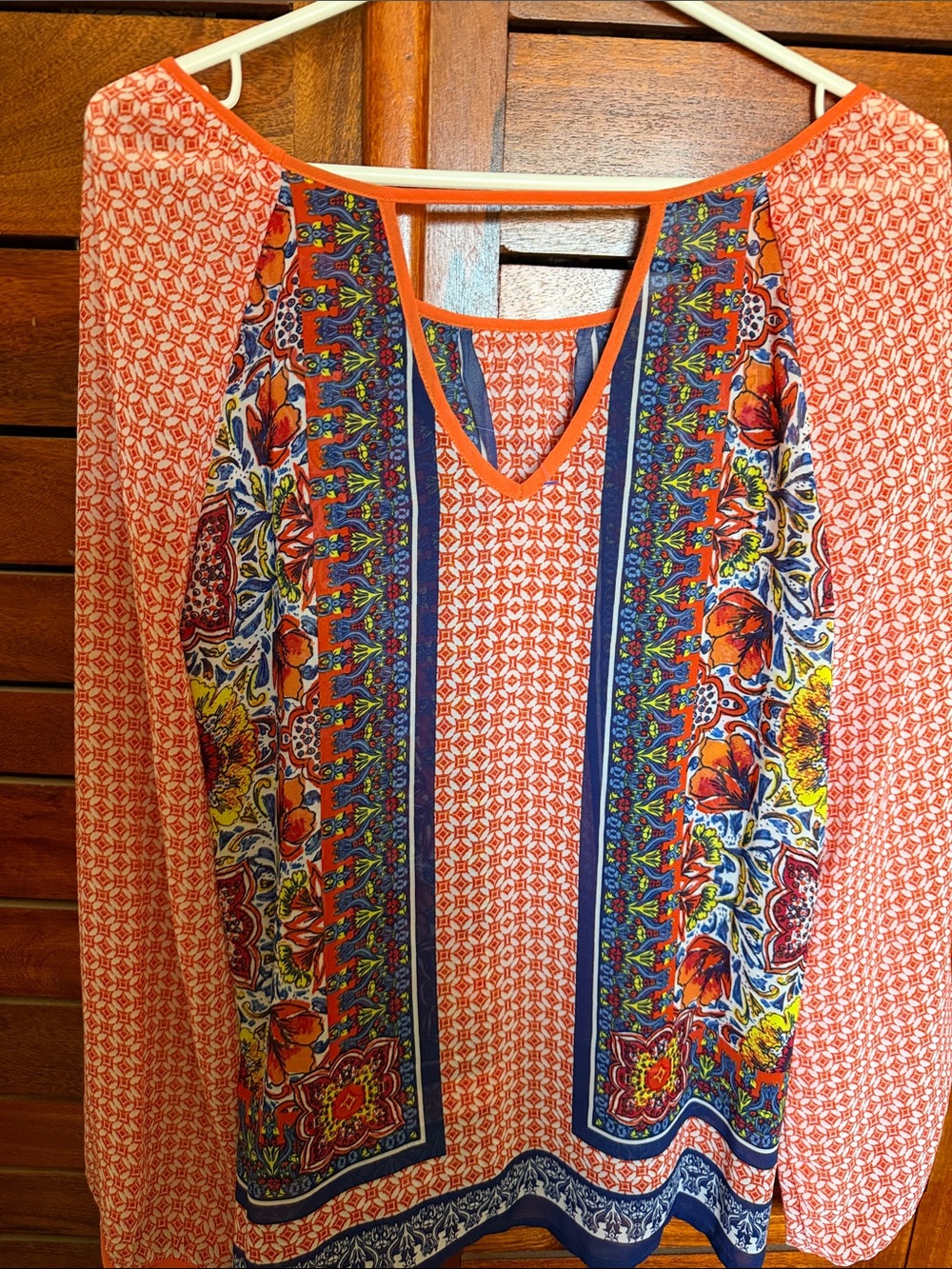 Women's Orange Printed V-Neck Blouse